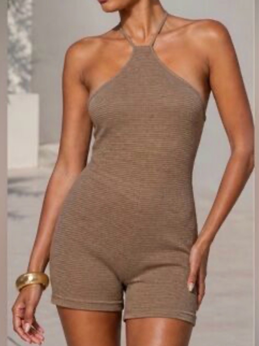 Zara Light Brown Knit Halter Top One Piece with Shorts